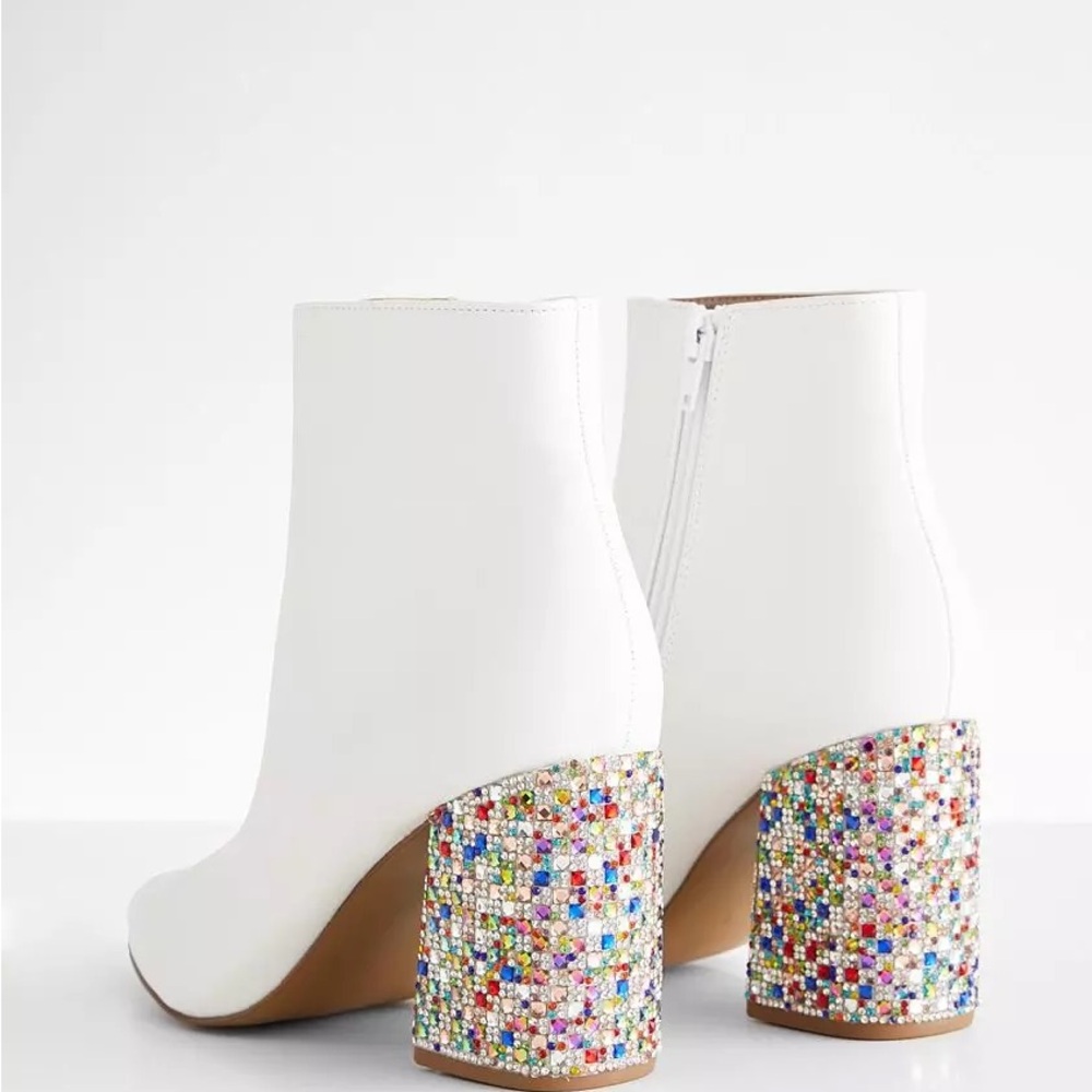 Betsey Johnson Kassie Ankle Boot with rhinestone embellished heel.